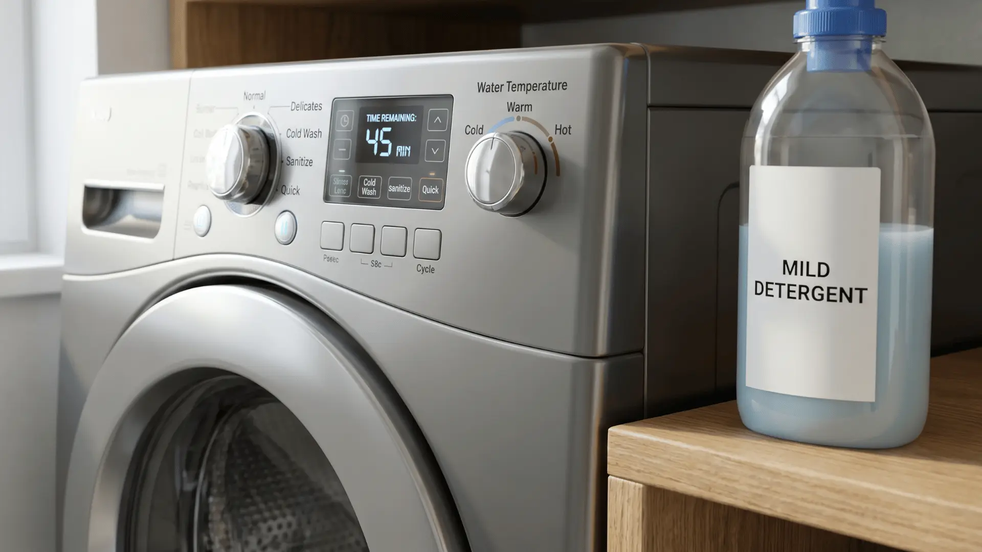 Washing machine panel with cycle options, mild detergent bottle, and water temperature settings