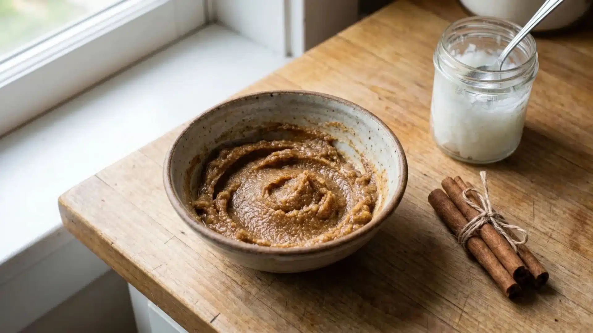 cinnamon and coconut oil mixture in bowl for hair growth mask