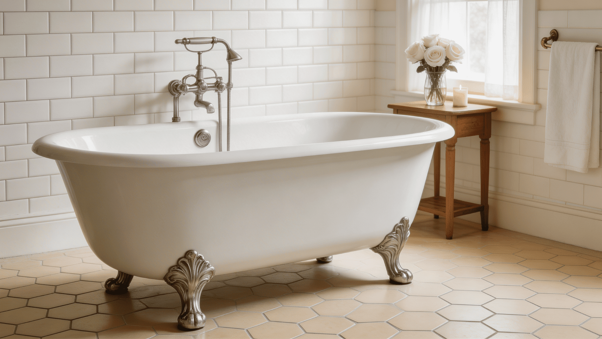 classic clawfoot bathtub with chrome fixtures beside window table with flowers and candle in bright bathroom