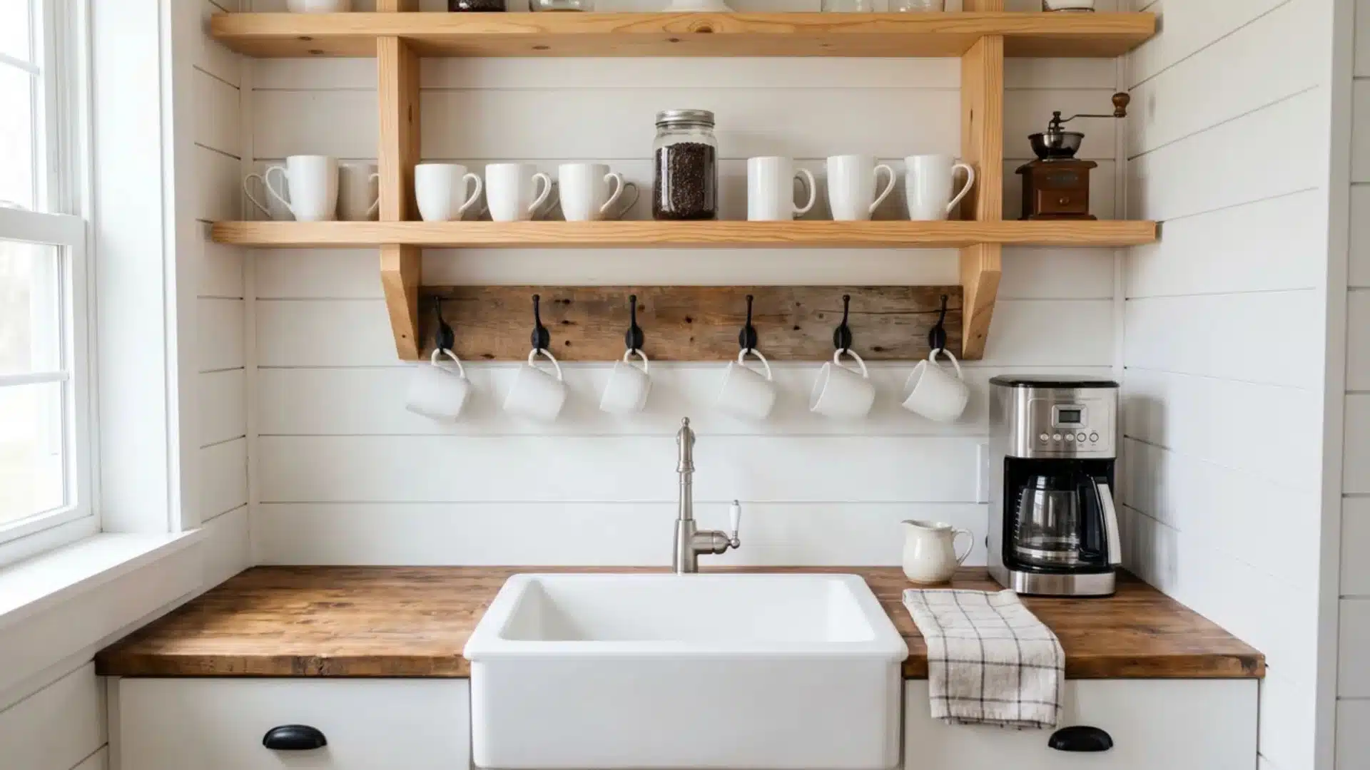 Farmhouse coffee bar with white shiplap, pine shelves, hanging mugs, apron sink, coffee maker, and rustic wood counter.
