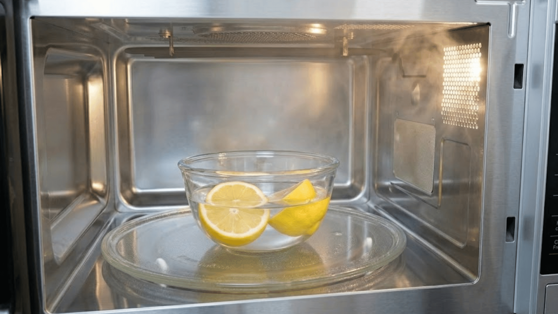 clean stainless steel microwave interior with glass bowl of lemon water on turntable used for freshening and cleaning odors