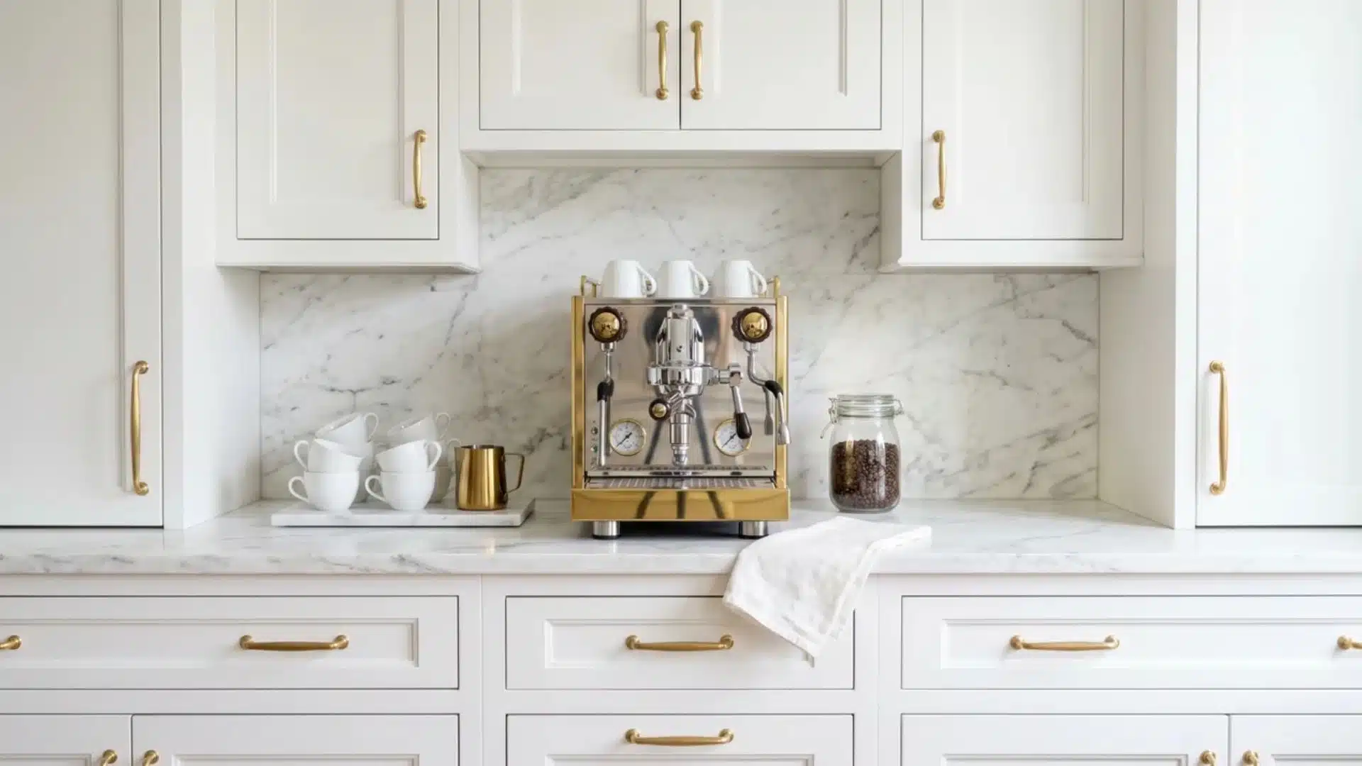 Classic white marble coffee bar with brass hardware, built-in espresso machine, porcelain cups, bean jar, and marble tray.