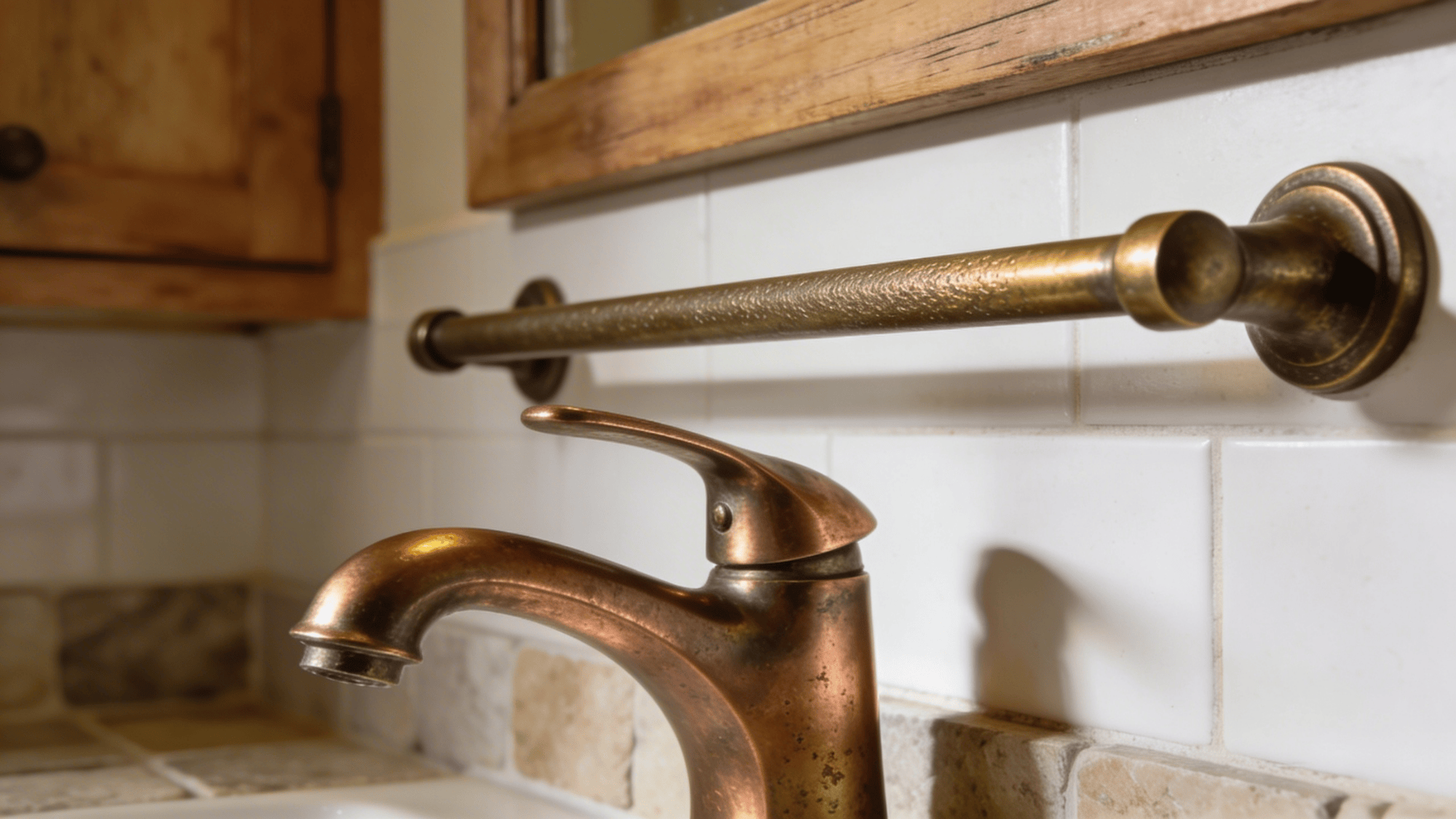 close view of bronze faucet and towel bar on white tile wall with warm lighting and rustic details