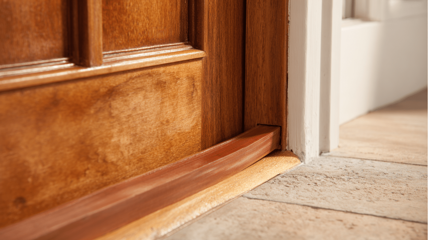 Close view of wooden door bottom with weatherstrip sealing gap against tiled floor surface