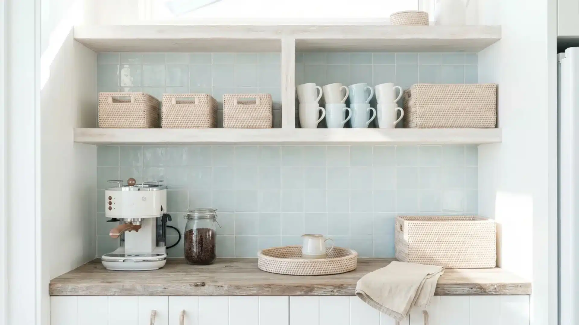Coastal coffee bar with whitewashed shelves, sea-glass tile, rattan baskets, pale mugs, espresso machine, and airy light.