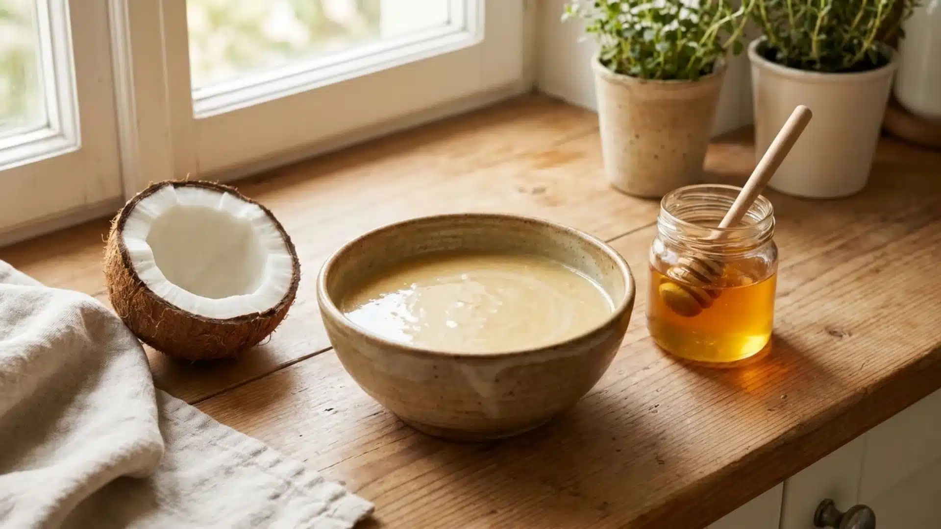 coconut milk and honey mixture in bowl for color treated hair mask