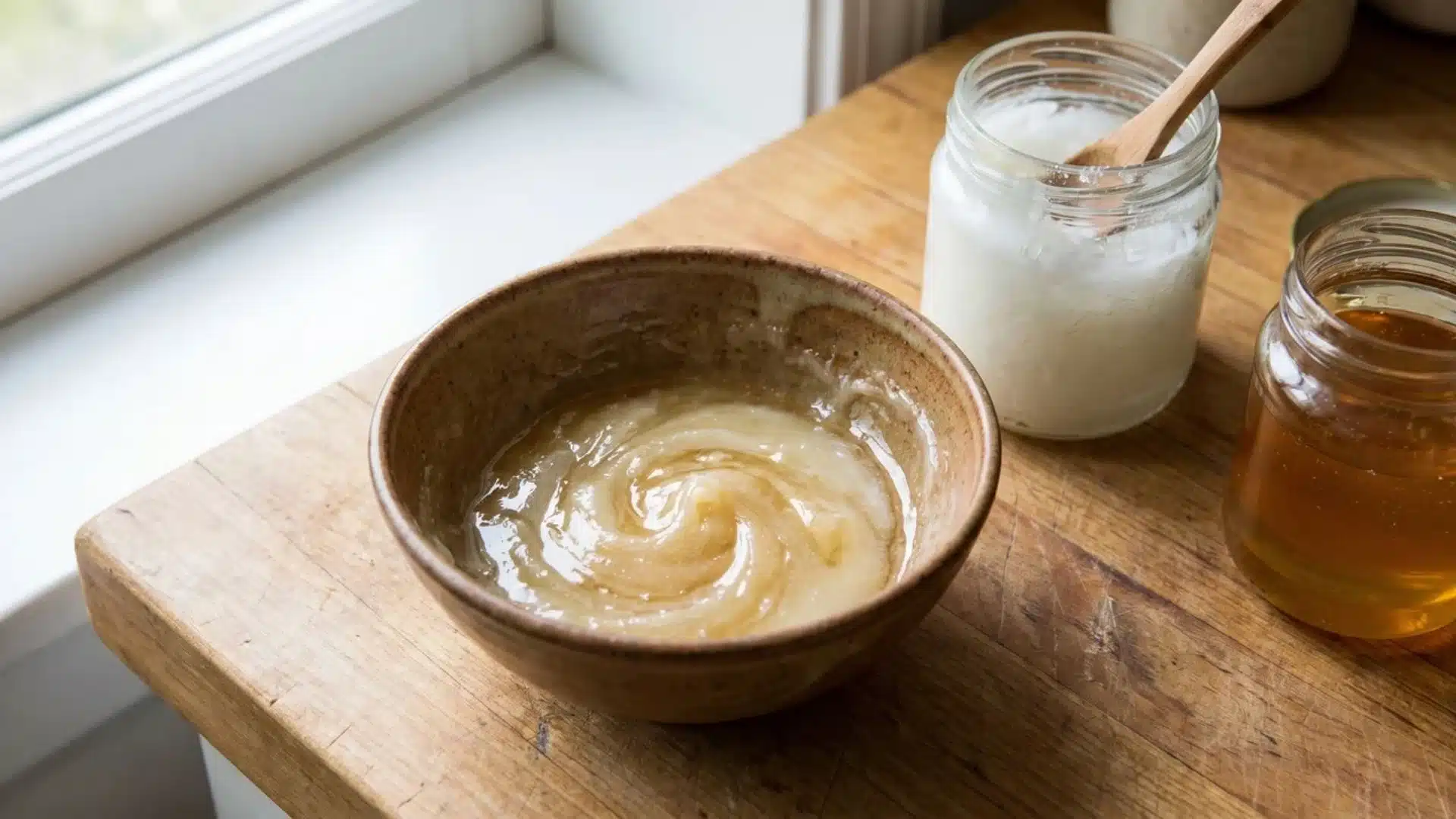 coconut oil and honey mixture in bowl for dry hair mask