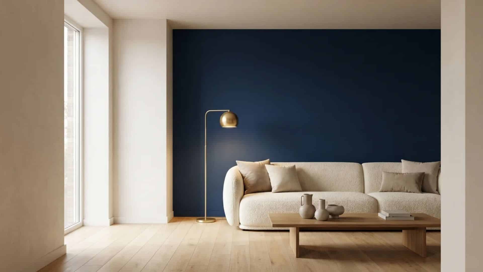 Modern living room with soft white walls and one deep navy accent wall behind a cream sofa, color contrast as emphasis.