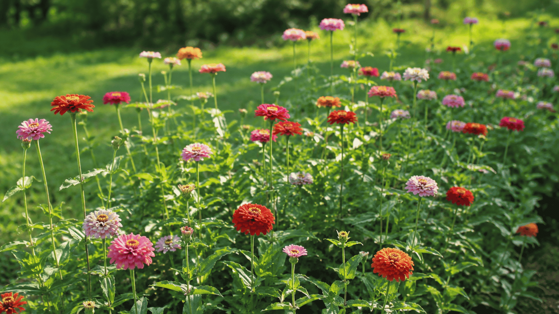 colorful zinnia flowers blooming in a sunlit garden with green foliage and soft blurred trees in background