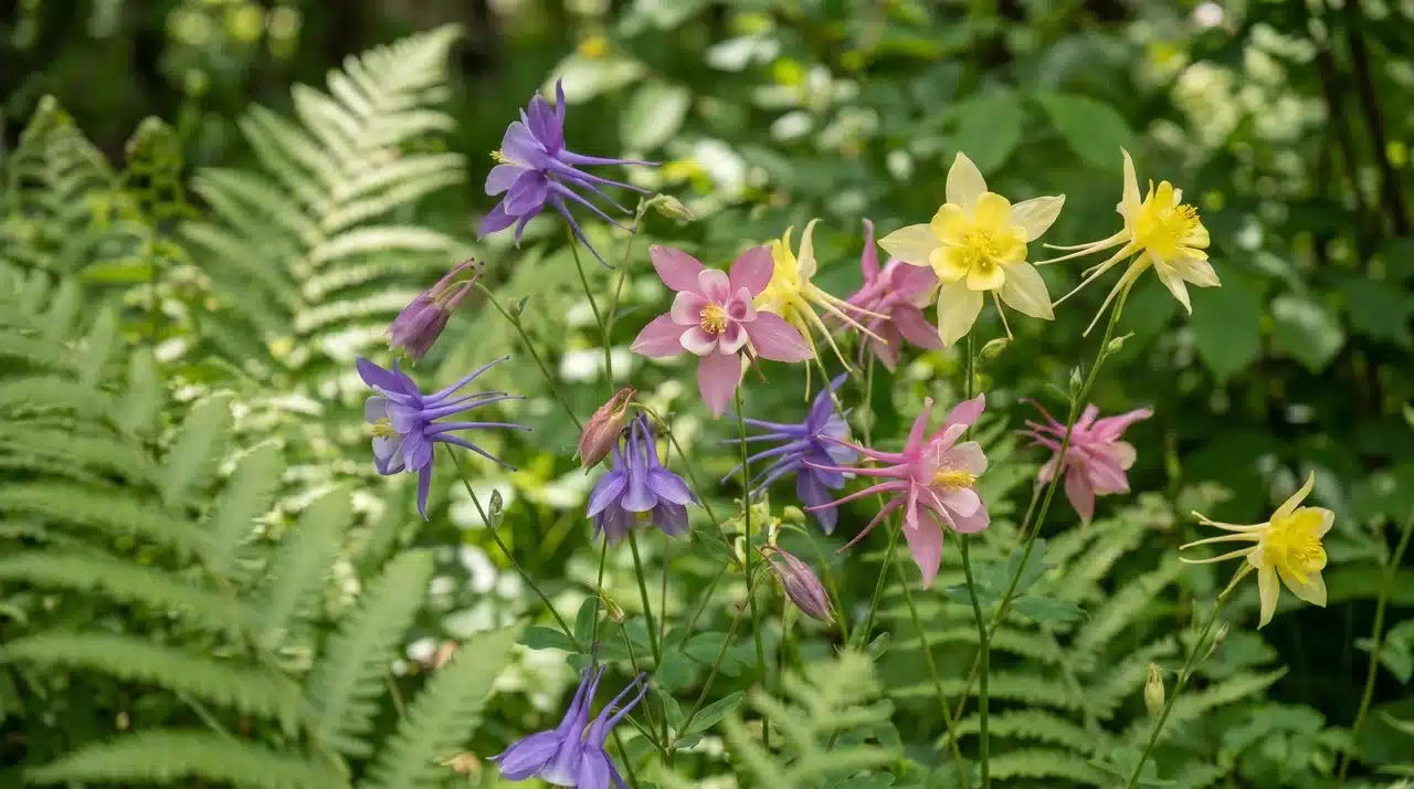 Columbine flowers blooming in a woodland garden.