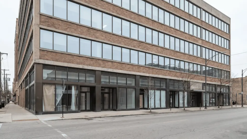 Multi-story commercial building with ground-floor retail units and upper-floor office windows on an urban street.