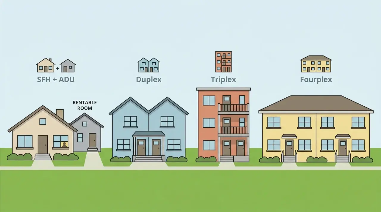 Illustration comparing house hacking property types including a rentable room, ADU, duplex, triplex, and fourplex.