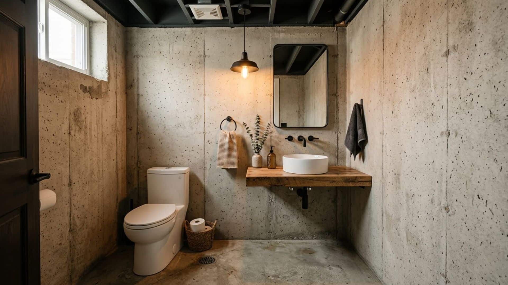 concrete finish basement bathroom with industrial style raw texture walls and modern clean compact layout design