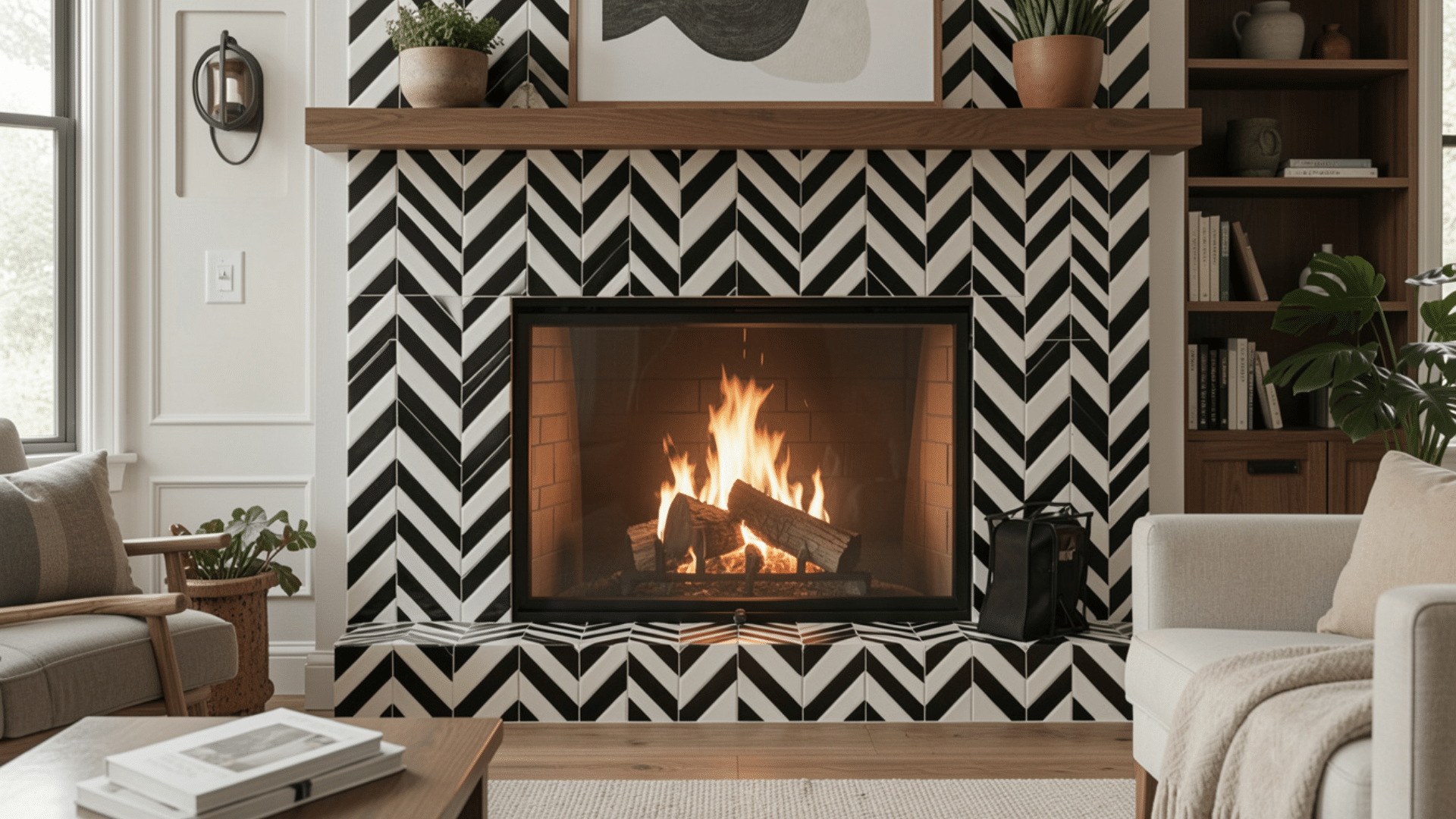 contemporary fireplace with stacked tile pattern creating a sleek and refreshed appearance