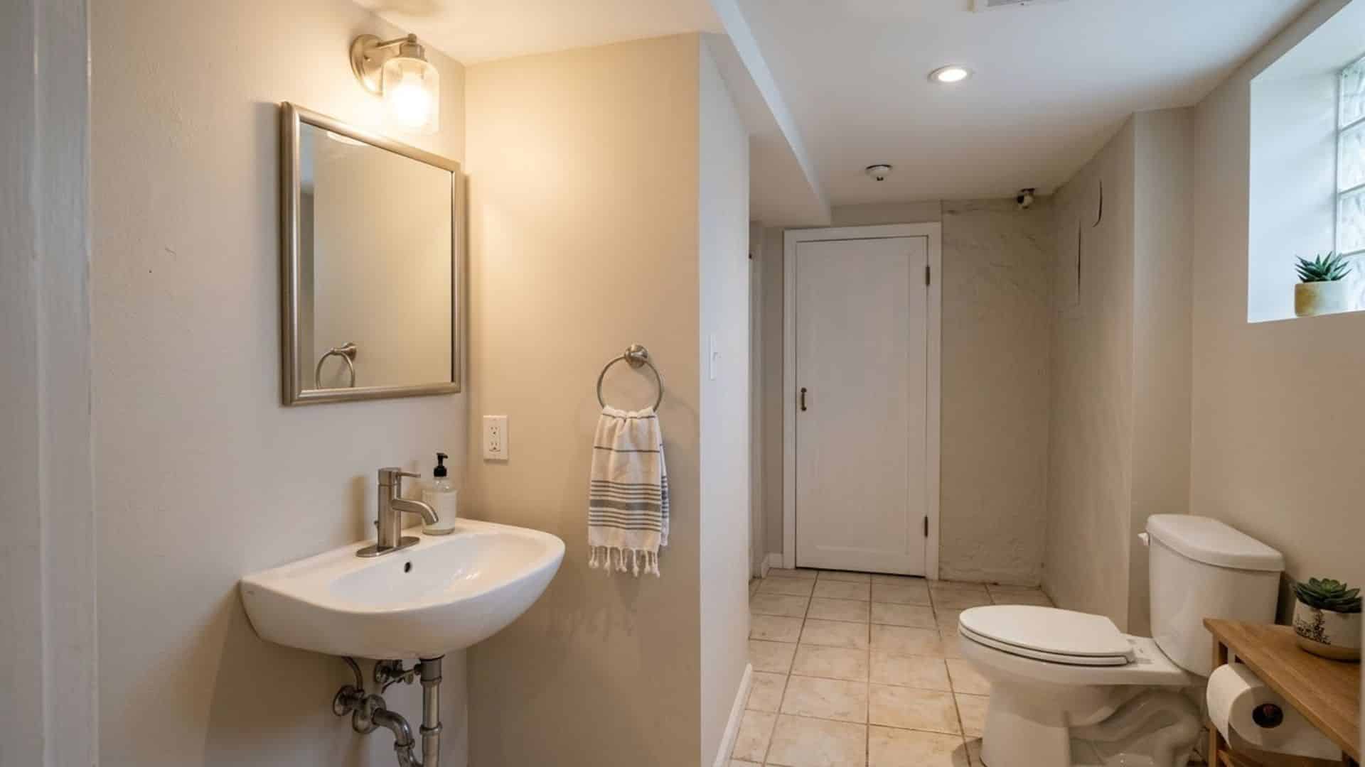 corner sink in small basement bathroom with compact layout neutral tone and clean space saving design