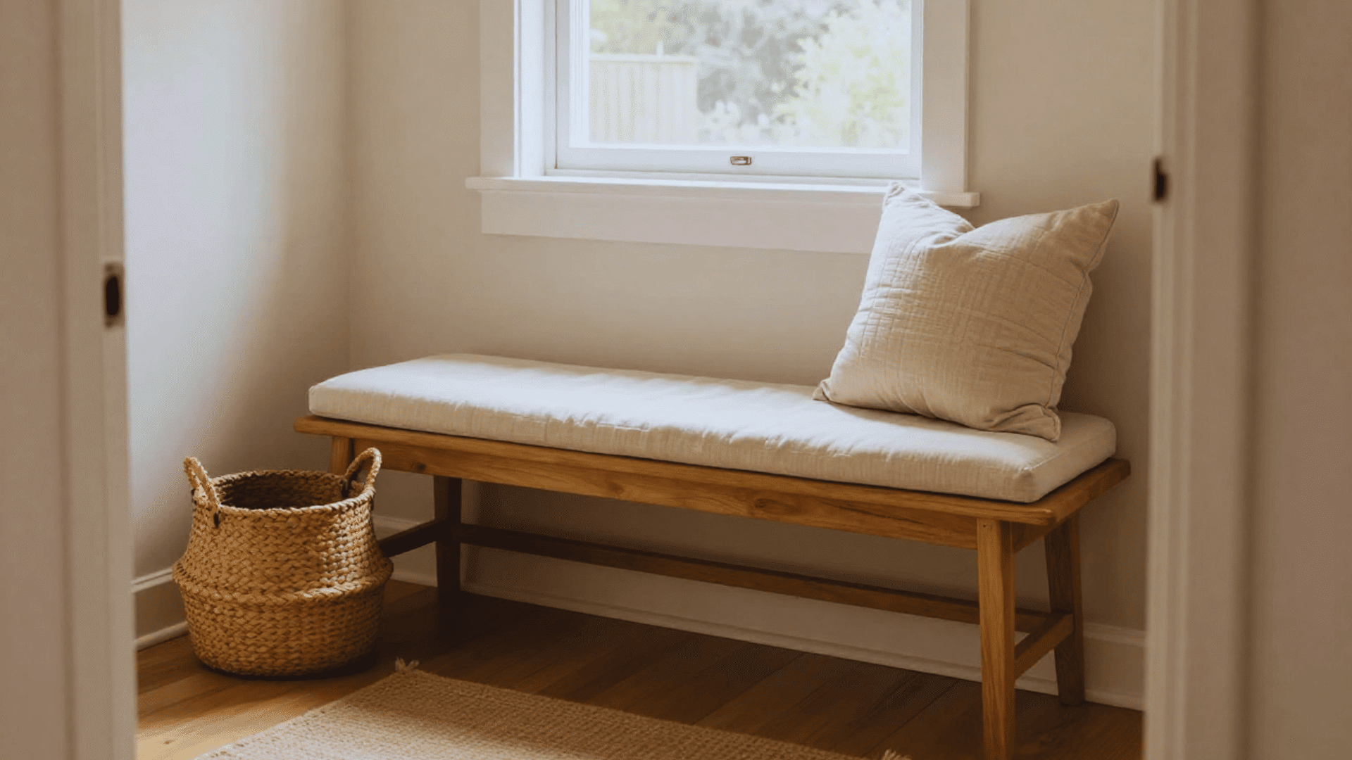 cottage style entryway bench with cushion pillow basket and natural light