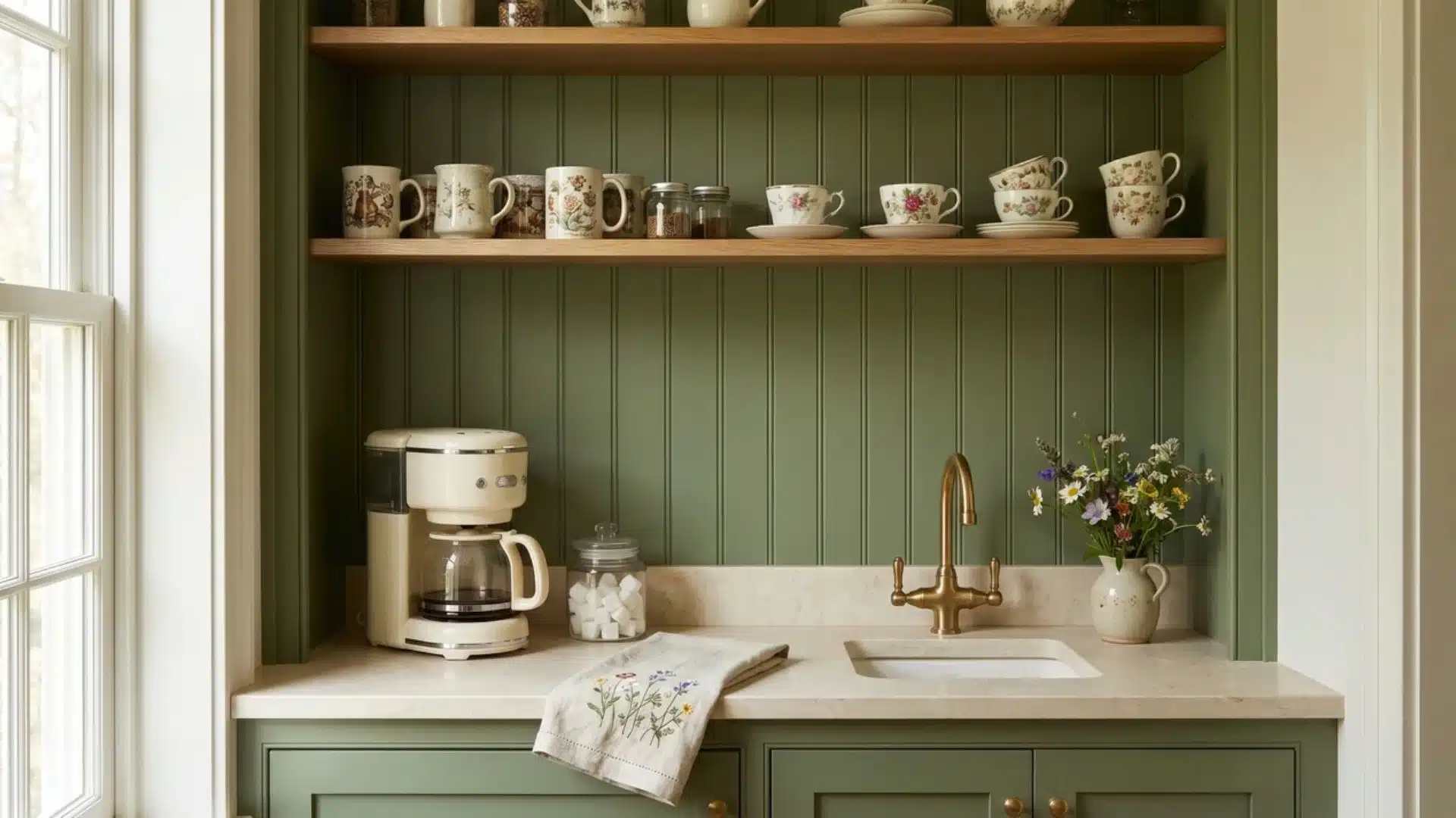 Cottagecore coffee bar with moss green hutch cabinets, beadboard, antique mugs, bar sink, flowers, and vintage charm.