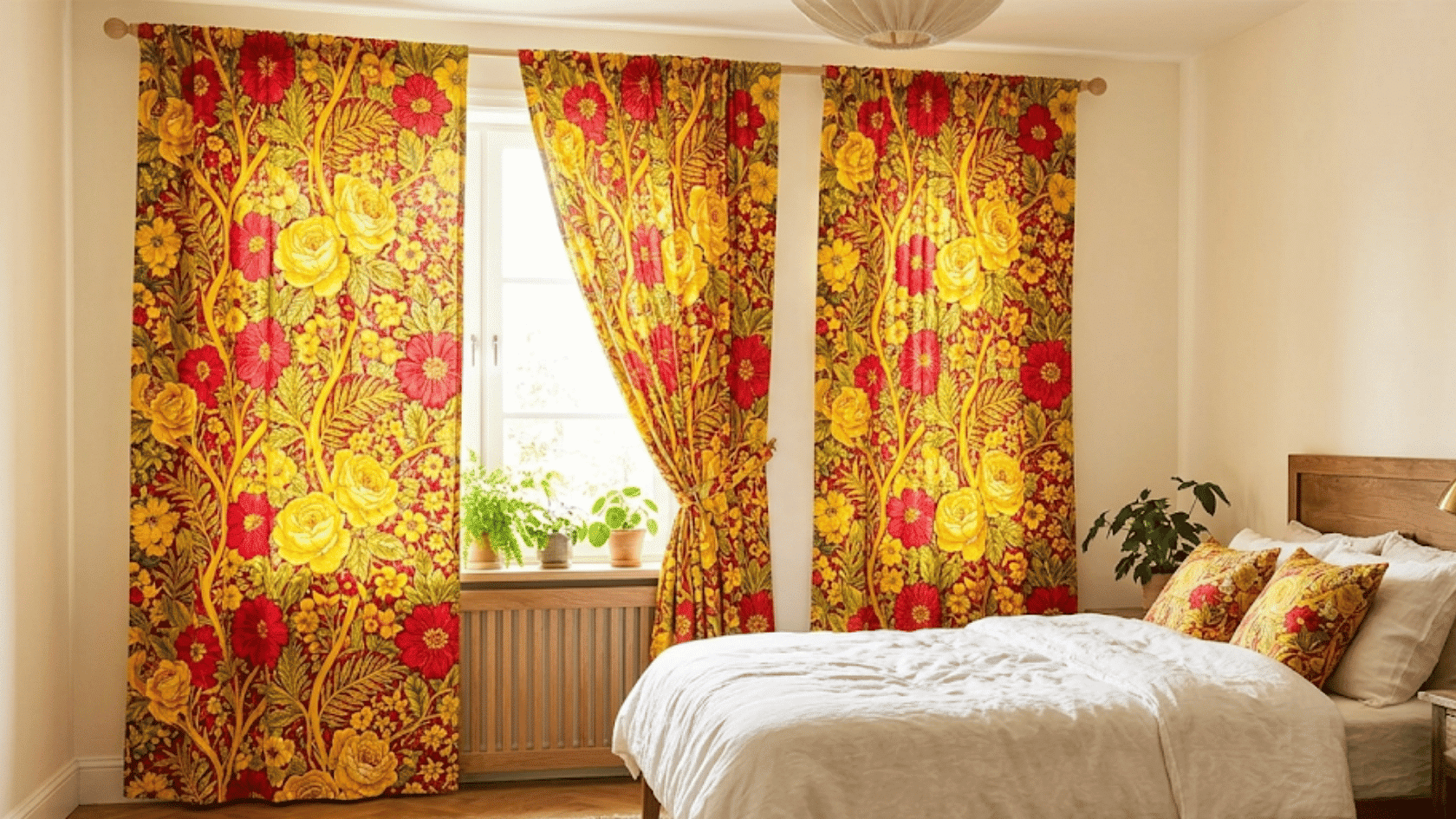 cozy bedroom with floral curtains wooden bed colorful cushions and vintage lamp beside a bedside table