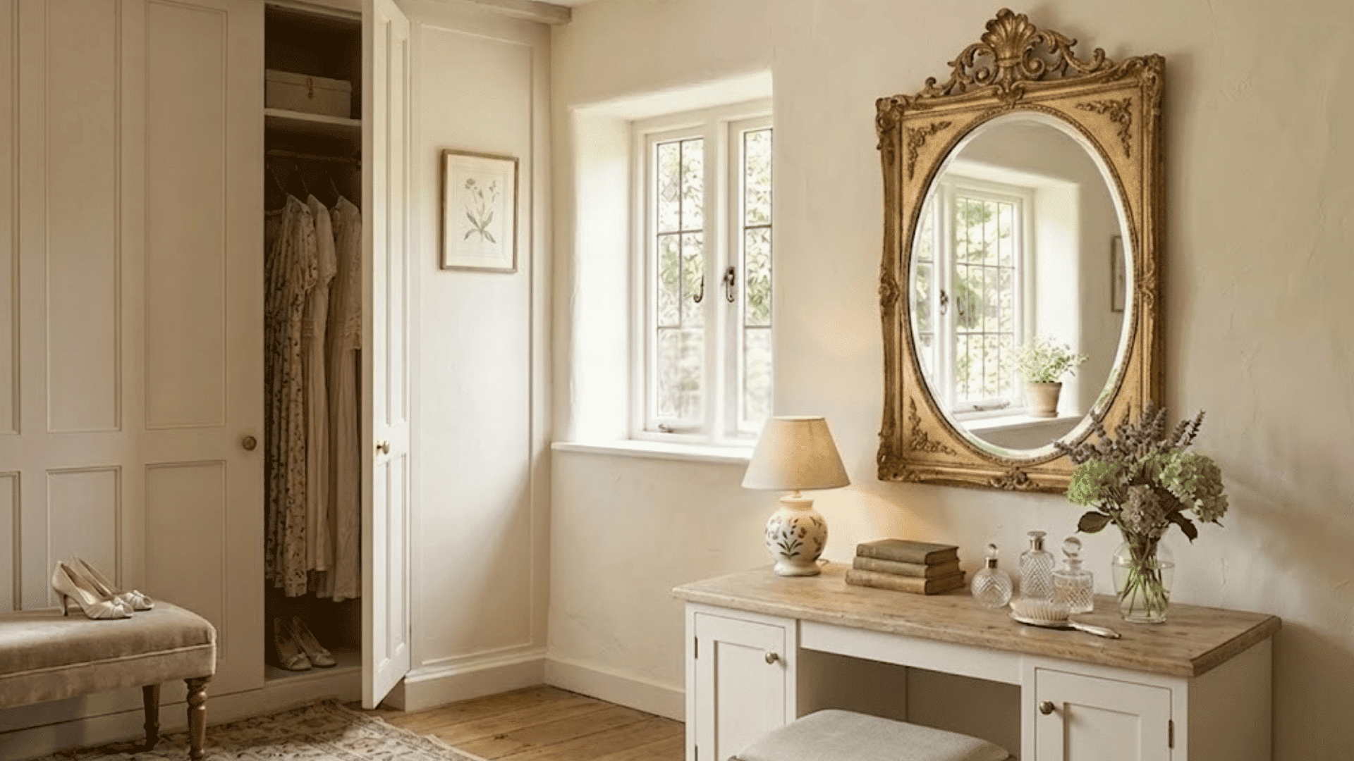 cozy dressing corner with an open wardrobe a cottage window and a wooden vanity table with a large gold mirror
