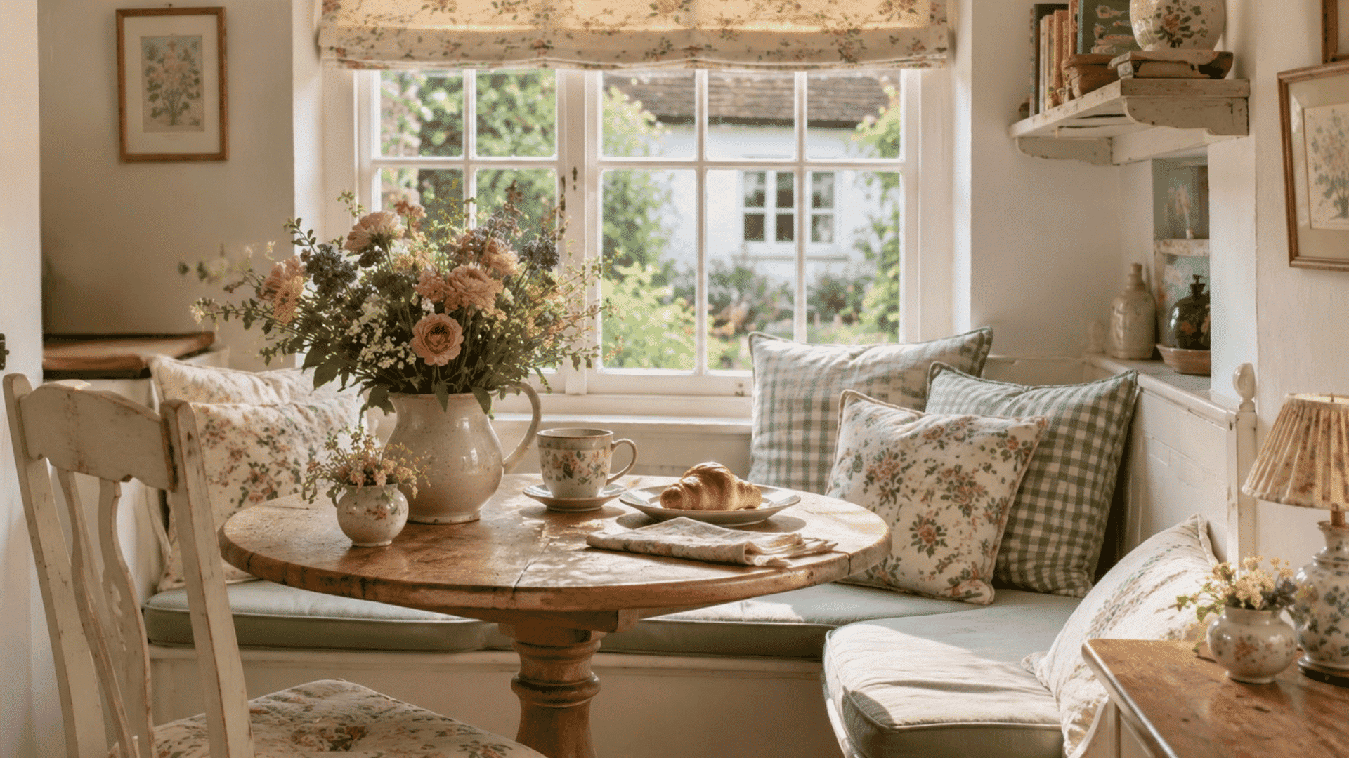 cozy english cottage breakfast nook with round wooden table floral cushions and colorful flowers by window light