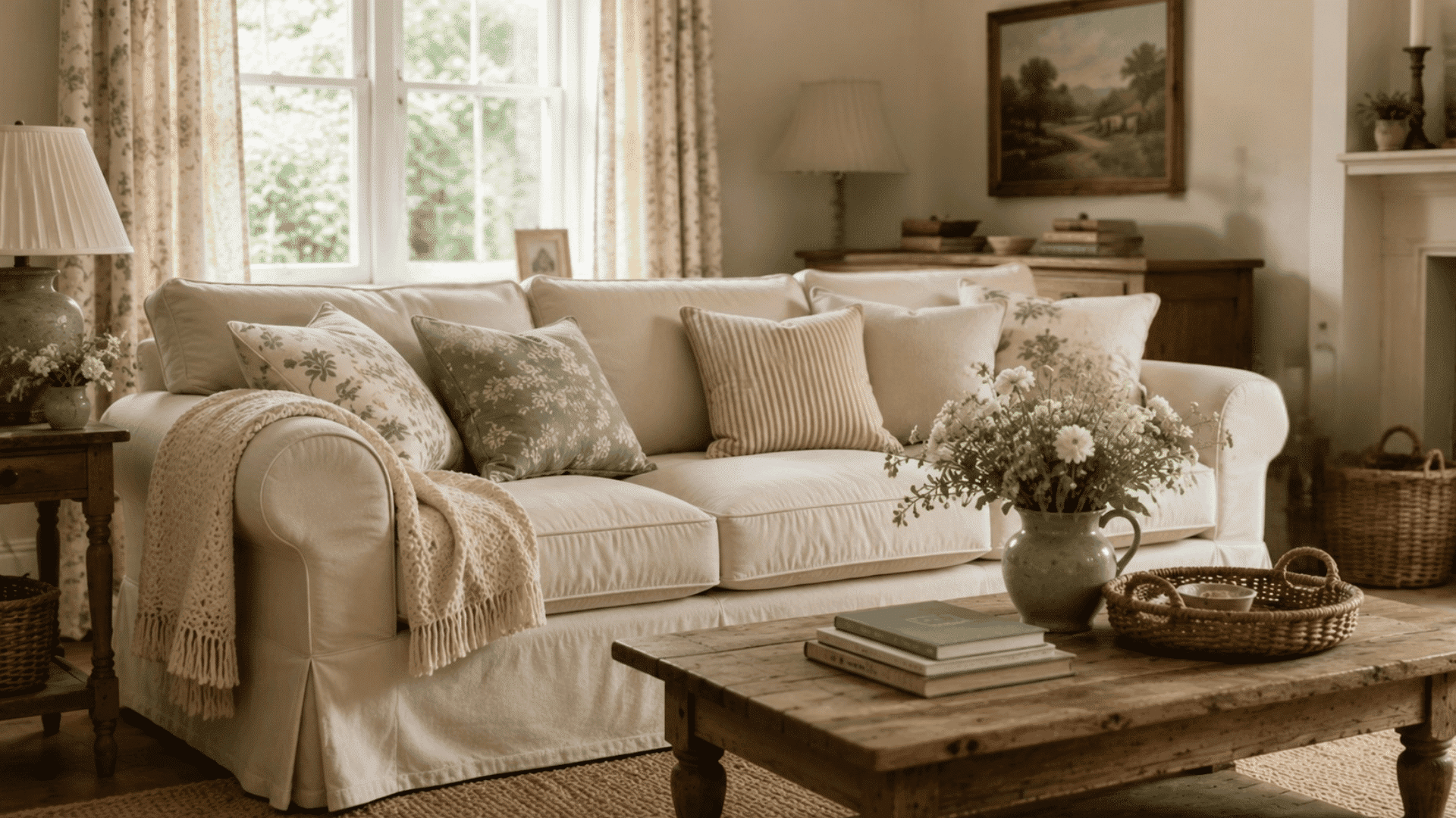 cozy english cottage living room with neutral slipcovered sofa wooden coffee table soft cushions and natural light