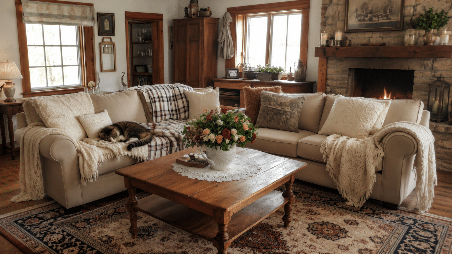 cozy farmhouse living room with cream sofas sleeping cat floral centerpiece and stone fireplace glowing in the background