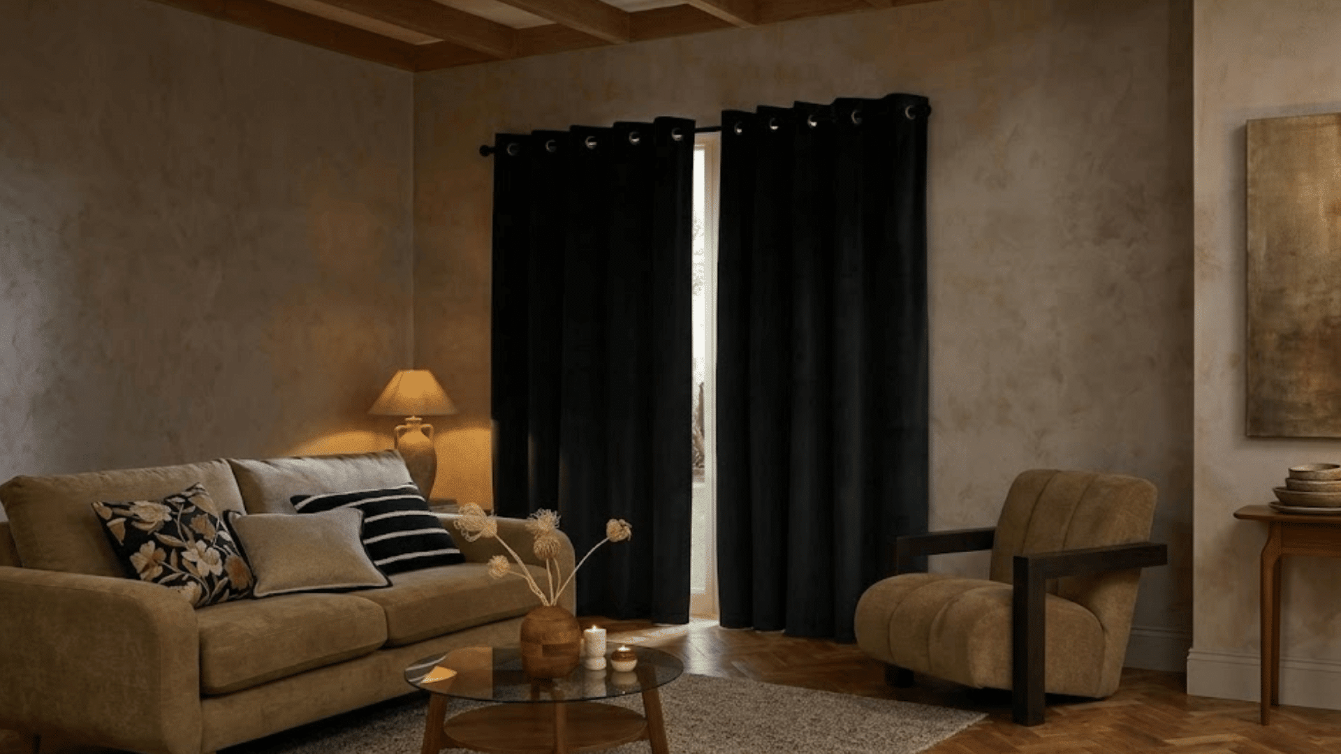 cozy living room with beige sofa and armchair facing a coffee table beside black curtains and warm ambient lighting