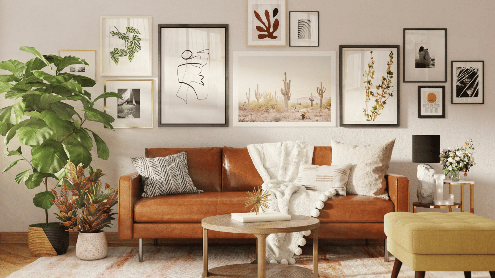 cozy living room with brown leather sofa framed wall art potted plants and a round coffee table