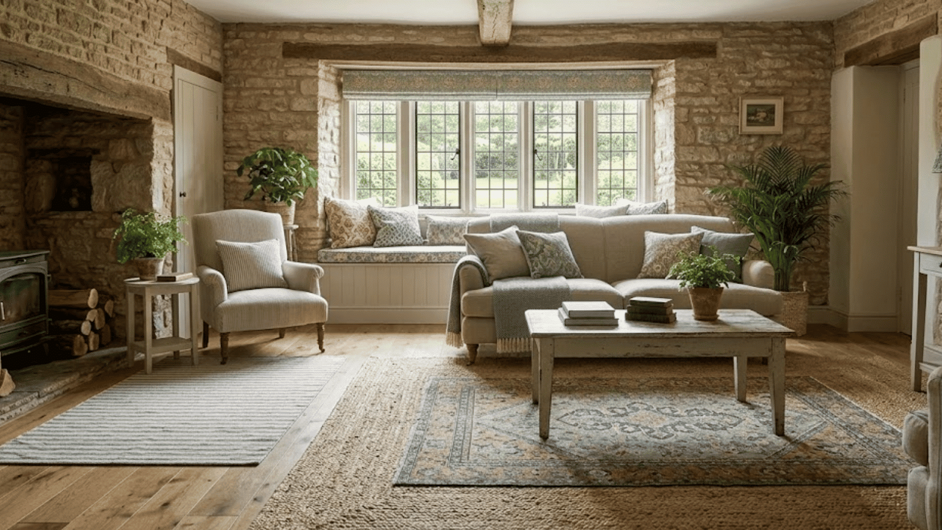 cozy living room with stone walls a wood stove a bay window and layered rugs in an english cottage style