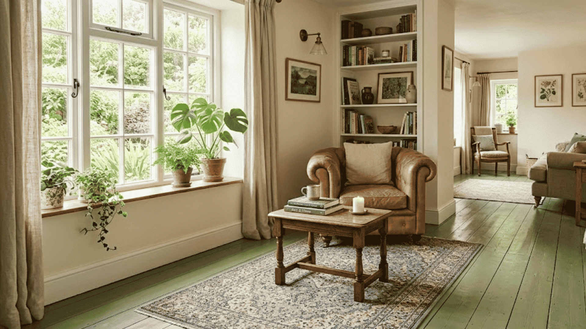 cozy sitting room with green painted wood floor leather armchair bookshelves and indoor plants