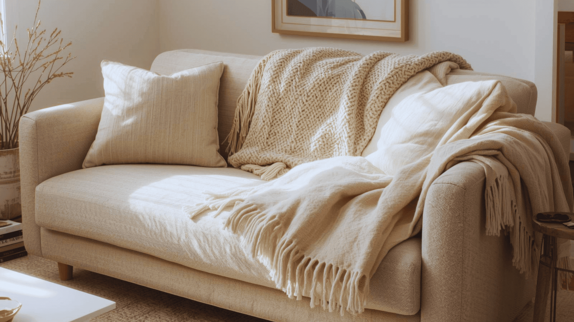 cozy sofa with layered cotton and wool throws in soft neutral tones