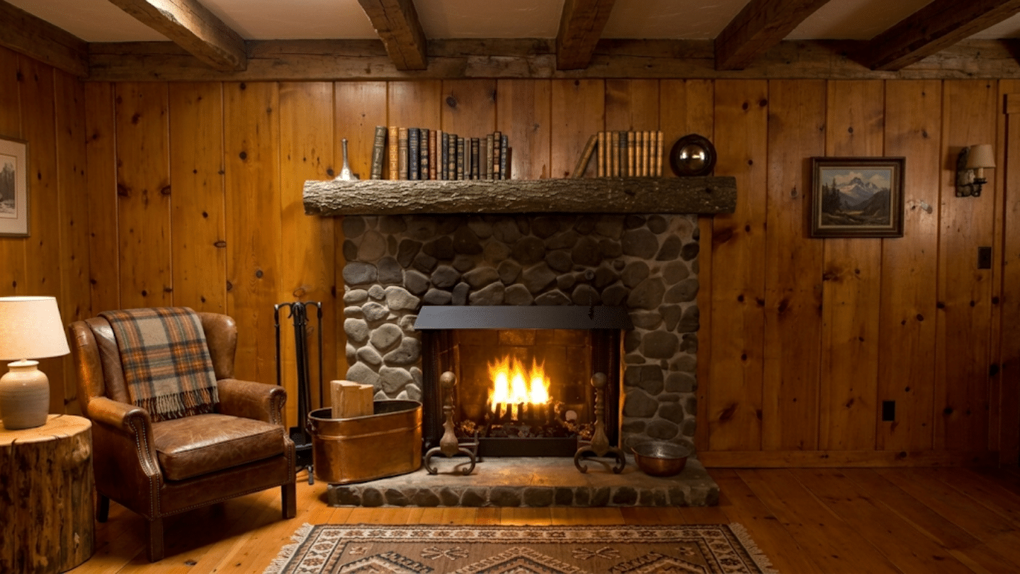 cozy wood paneled room with stone fireplace burning brightly beside a leather armchair draped with a plaid blanket
