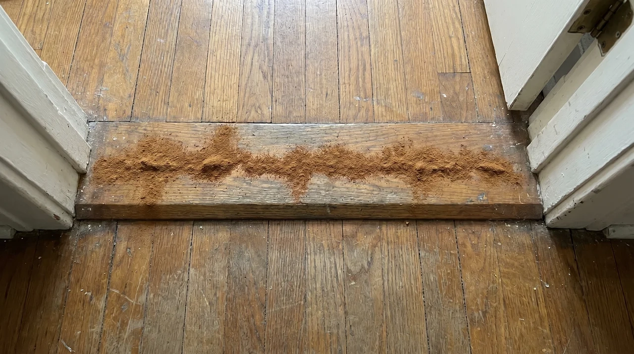 Thin line of ground cinnamon across a wooden bedroom door threshold