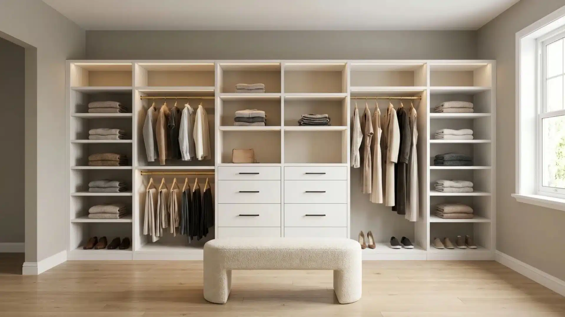 Wall of built-in greige wardrobe units with drawers and brass rods in an upscale walk-in closet, boutique style.