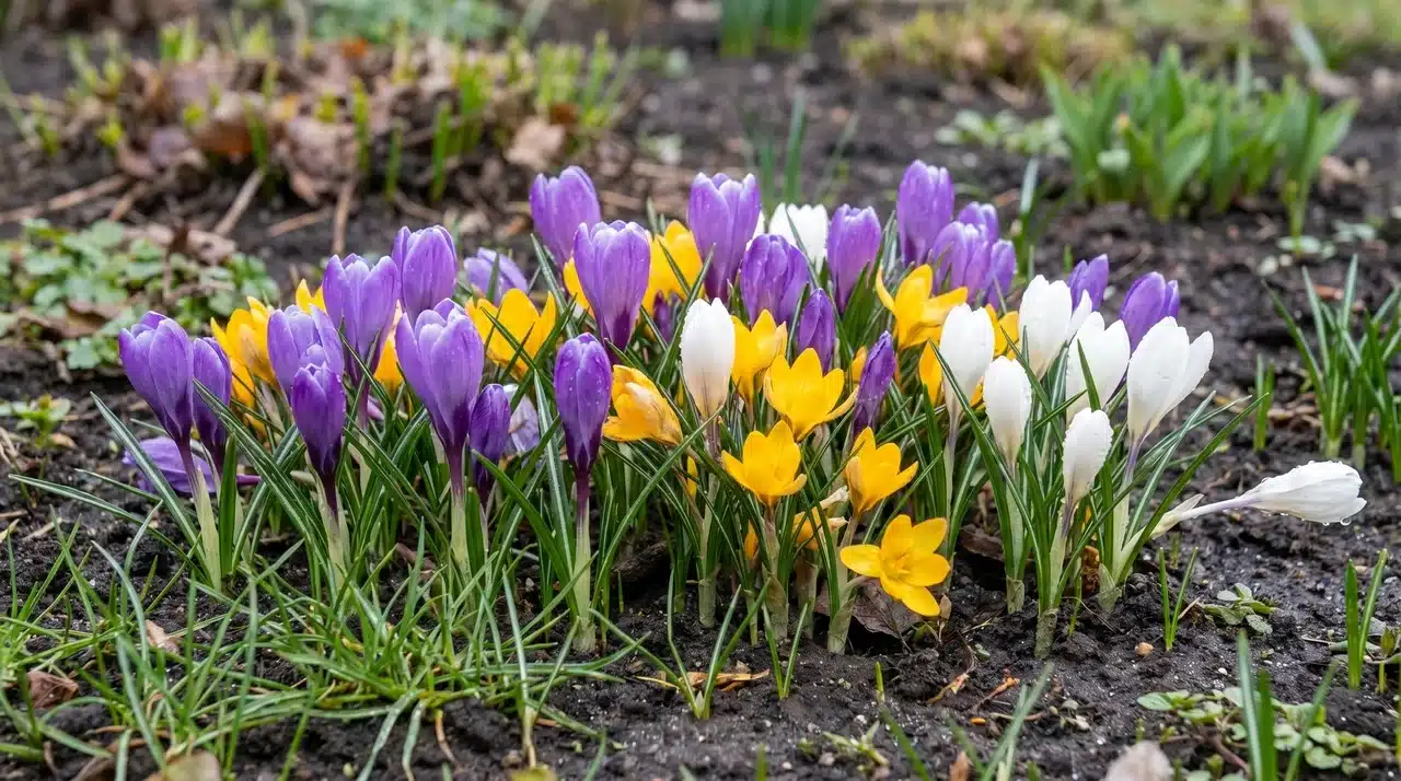 Purple, yellow, and white crocus flowers blooming in an early spring garden.