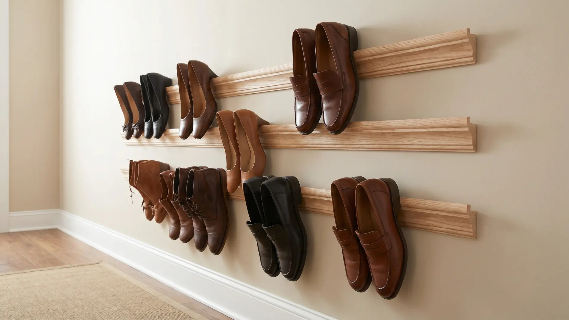 Shoes hooked onto wall-mounted crown molding strips used as wall storage system