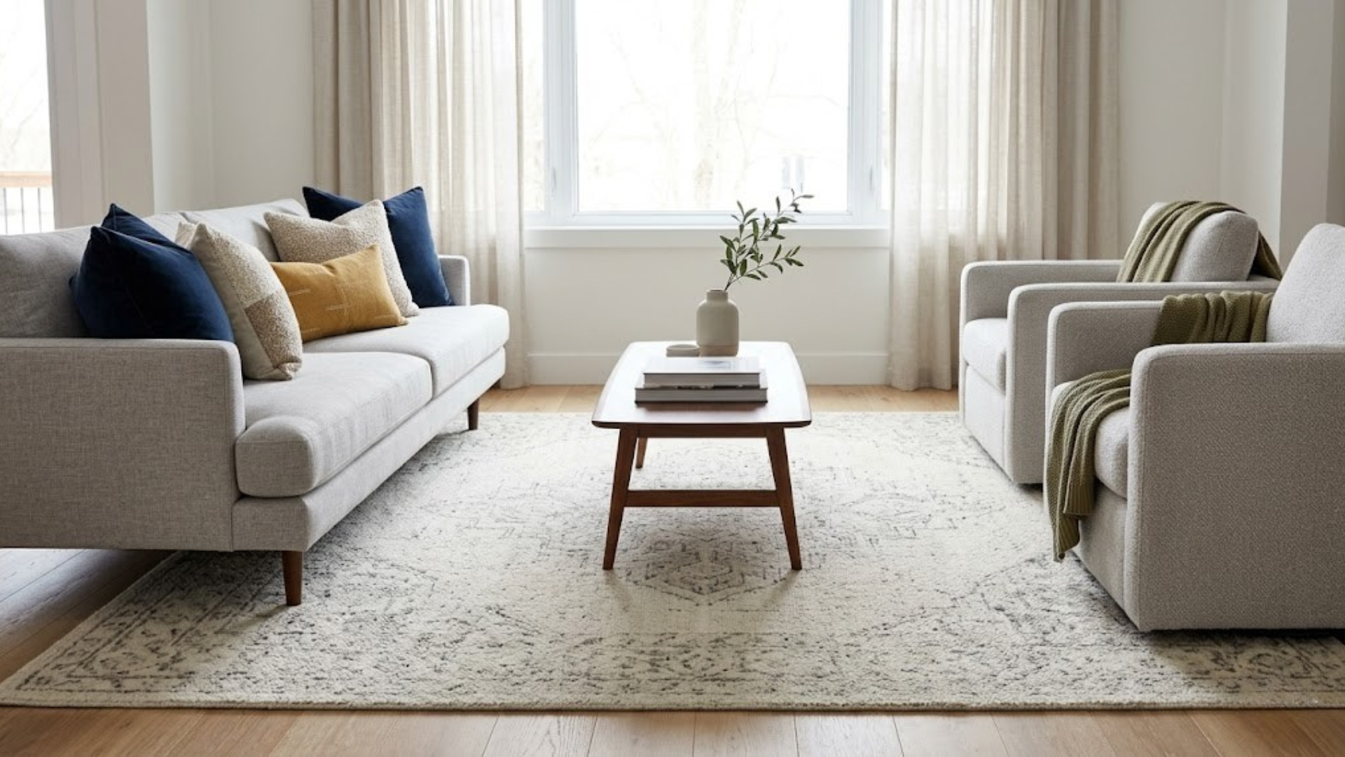 curated beige and grey living room with sofa chairs and a pattern rug on a light wood floor