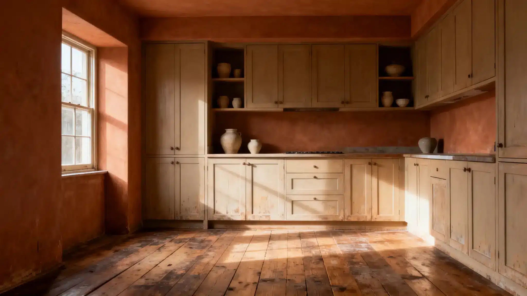 Rustic kitchen with wooden cabinets and terracotta walls illuminated by natural light