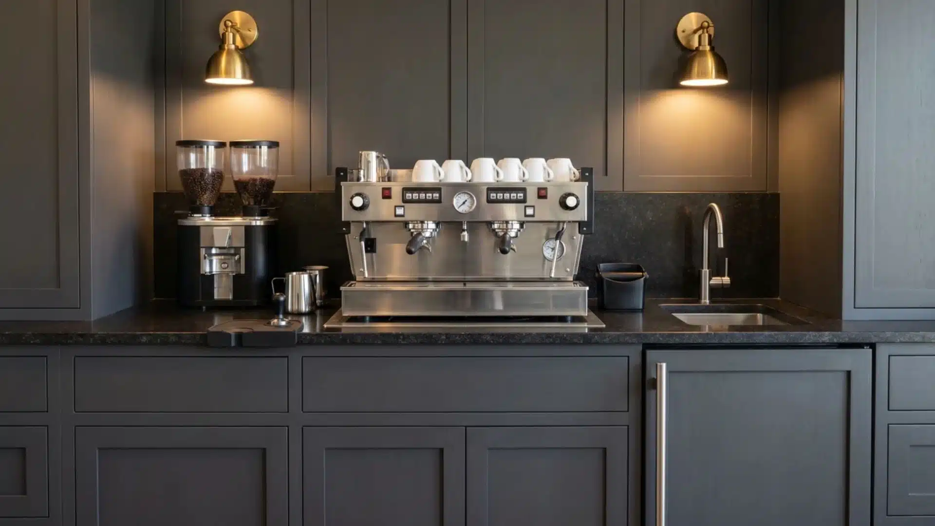 Custom plumbed espresso bar with matched cabinetry, built-in machine, bar sink, fridge, grinder, cups, and pro coffee tools.