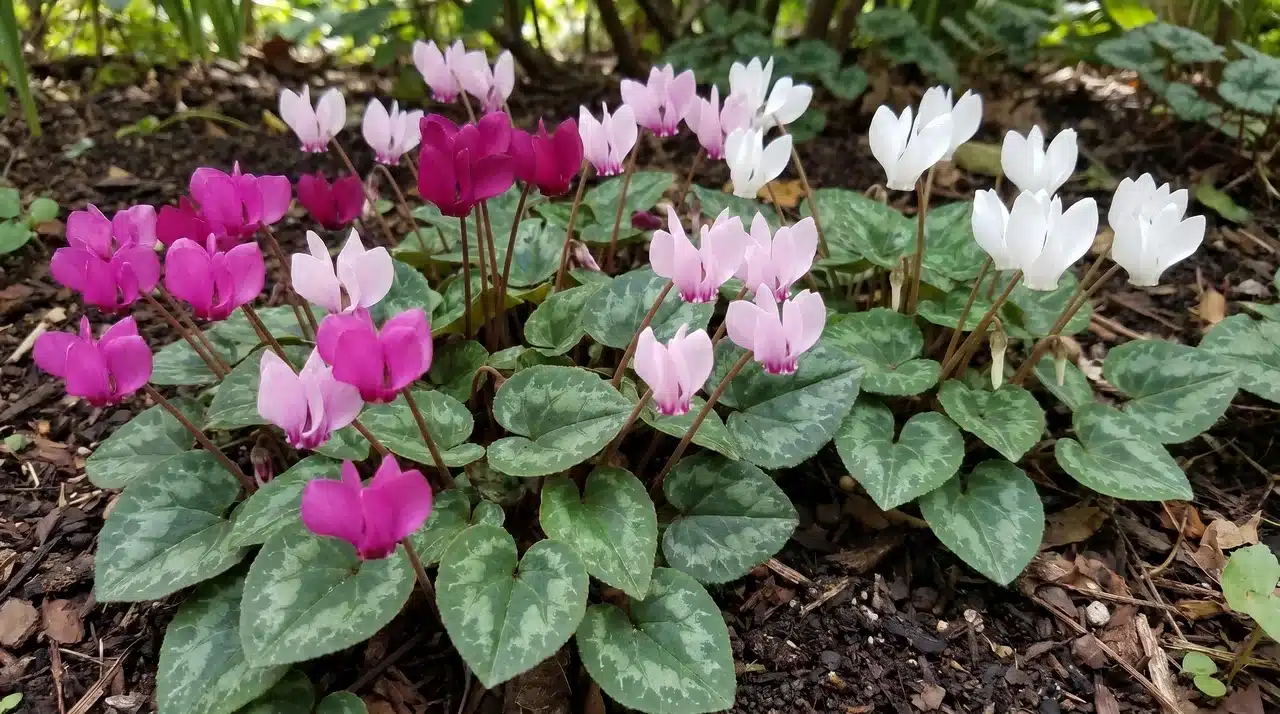 Cyclamen flowers blooming above heart-shaped green leaves.