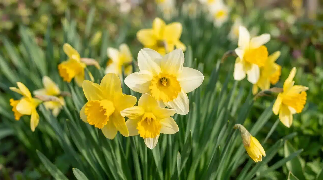 Yellow and white daffodil flowers blooming in a spring garden border.