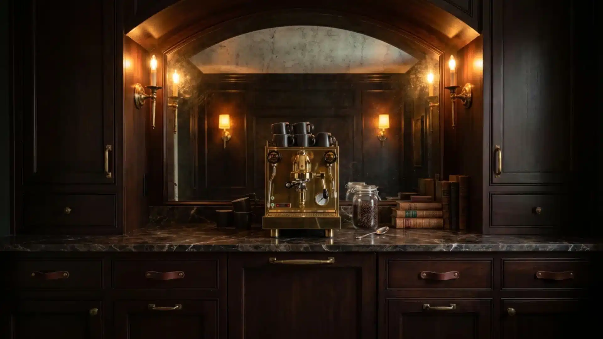 Dark academia coffee bar with mahogany cabinets, brass hardware, mirror backsplash, sconces, espresso machine, and dark mugs.