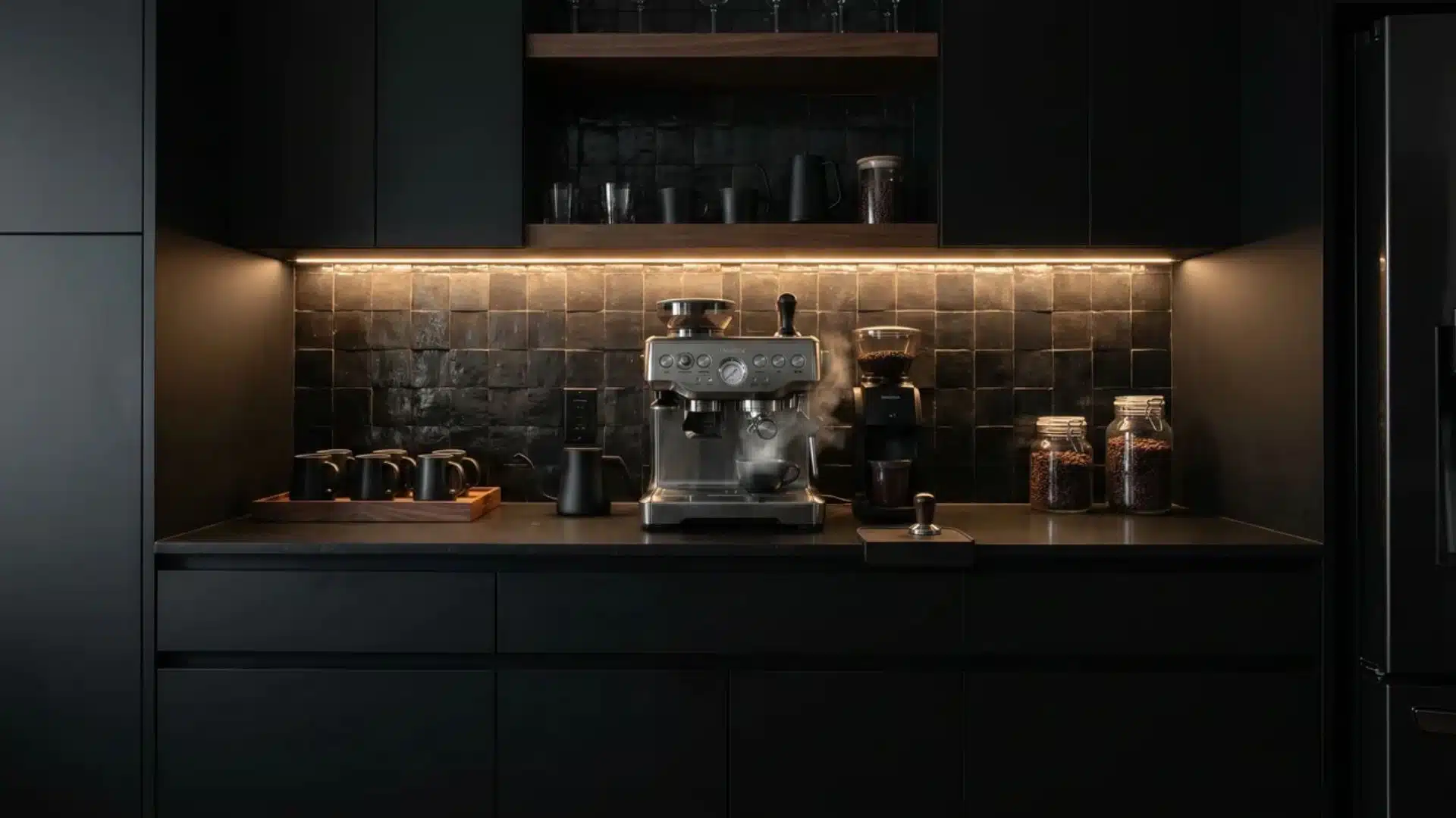 Matte black coffee bar with bronze hardware, espresso machine, grinder, mugs, coffee jars, and warm under-cabinet light.