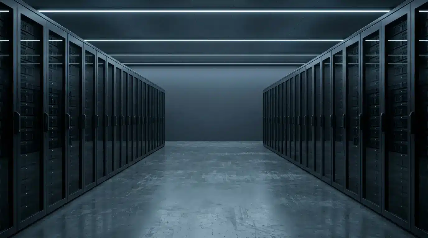 Dimly lit data center with rows of black server racks and polished concrete floor