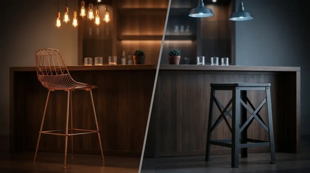 Two bar stools, one copper and one black, at wooden bar counter under pendant lights