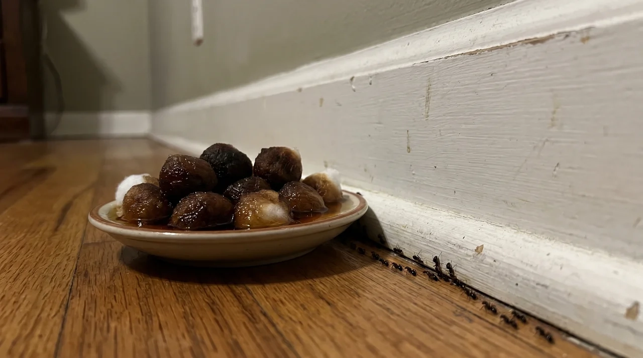 Cotton balls soaked in borax syrup in a shallow container next to a baseboard ant trail