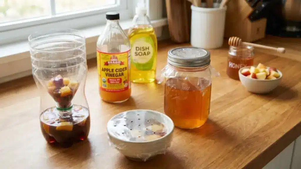 DIY fly traps with vinegar, soap, and honey on a kitchen counter