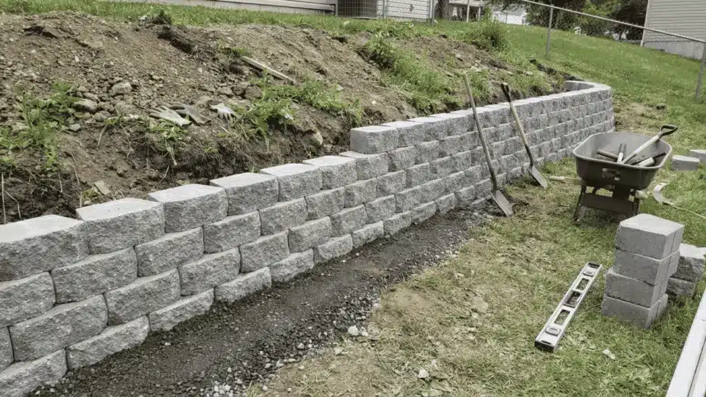 Partially built DIY retaining wall with concrete blocks and compacted gravel base in backyard setting.