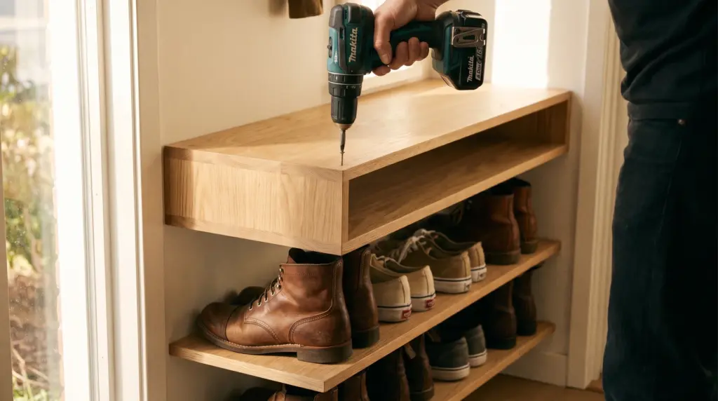 Wooden wall-mounted shoe rack being assembled in a bright entryway with a drill resting on the shelf.