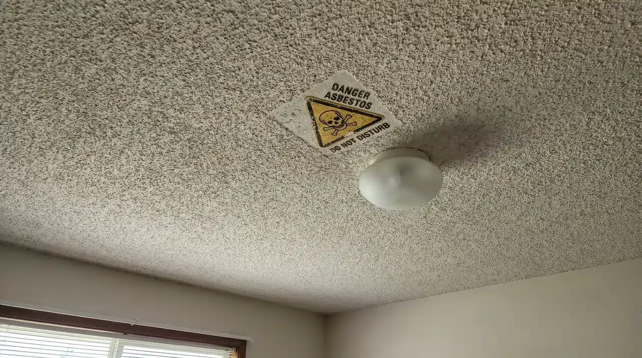 textured popcorn ceiling in living room with asbestos warning
